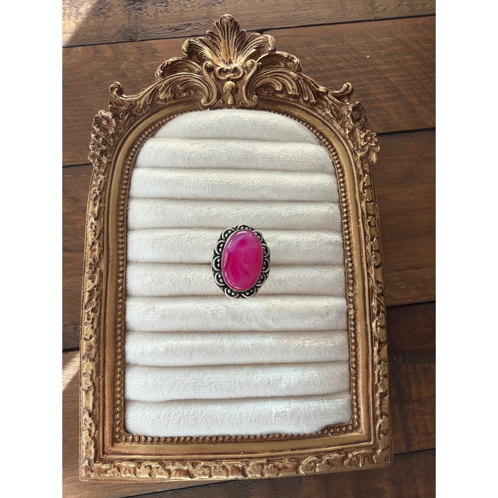 925 Sterling Silver Hot Pink Oval Stone Scalloped Statement Ring Size 6.25